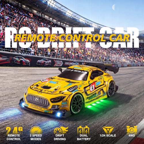 Image of RC Drift Car,1:24 4WD High Speed Electric Remote Control Car with LED Lights,Drifting Tires,2 Batteries,Dual Mode Tires,Hobby Racing Toy Car for Adults & Kids (3-Yellow)