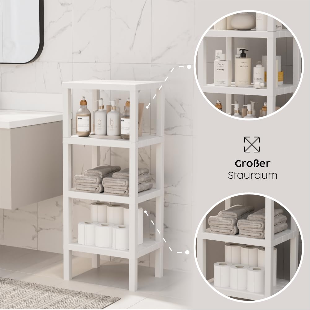 sugodesign Ombeg 4-stöckiges Regal, Weiß/Grau/Schwarz, Kunststoff, Rechteckig, Freistehend, Modern, Mehrzweck-Organizer für Bad, Küche, Wohnzimmer (weiß)