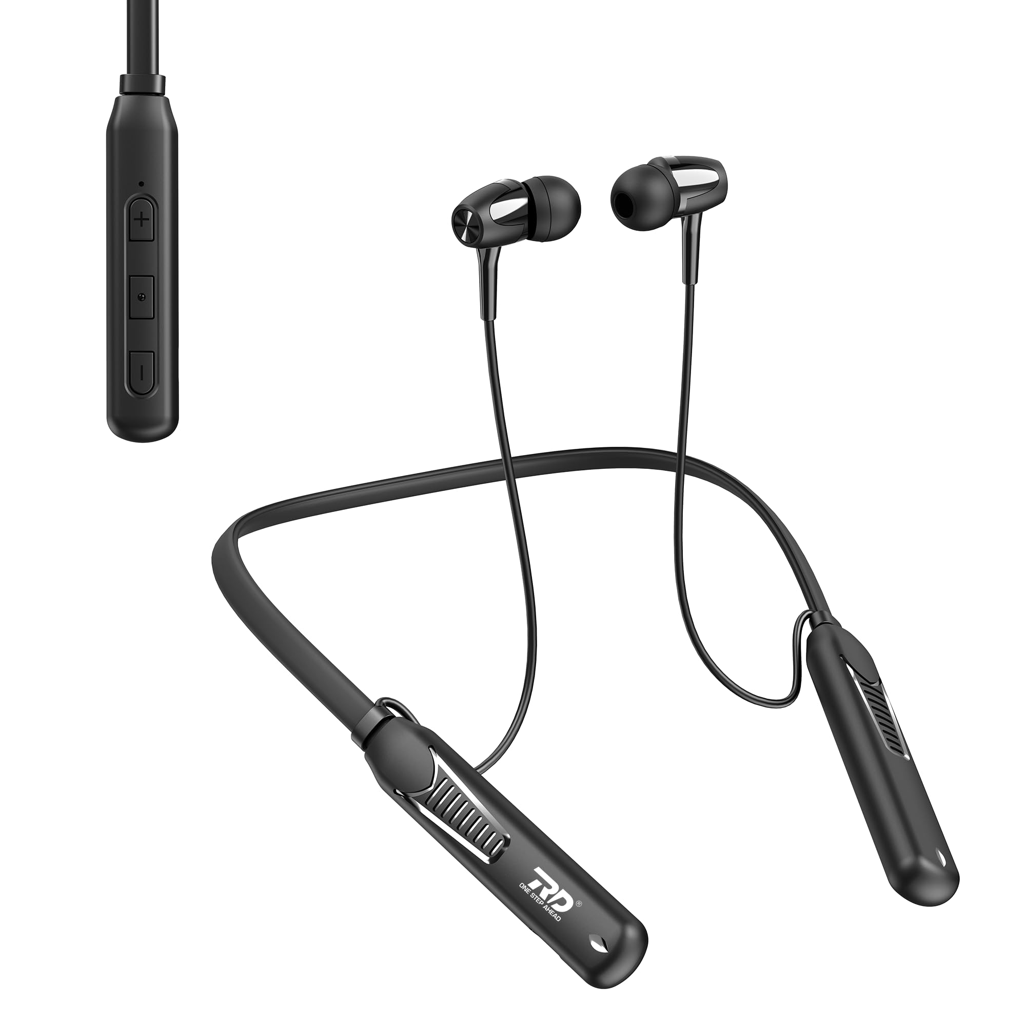 RD E-100 Rhythm Bluetooth Wireless in Neckband, 13mm Drivers, 36 Hours Play Time, Bluetooth V5.0, IPX4 Sweat Proof, Inbuilt Calling Microphone, ENC Earphones- Black