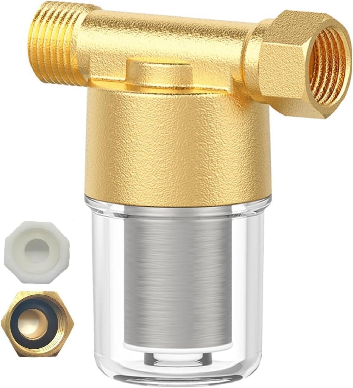 X spring Sediment Filter, Brass Inline Water Filter with Clear Housing, 40 Micron Stainless Steel Mesh, 1/2" NPT & 3/4" GHT, for Washing Machine, Shower, RV, Heater, Prevent Rust, Extend Life
