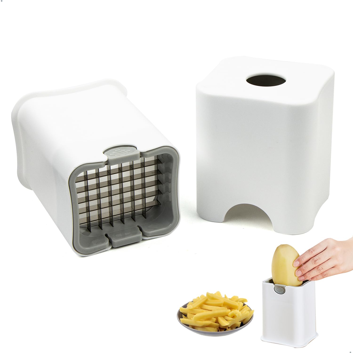 Pommesschneider Kartoffelschneider, Schnell French Fries Cutter mit Edelstahlklinge, Einstufig Home Obst und Gemüseschneider mit Schneidgittern für Kartoffeln Möhren Gurken Zwiebel (Weiß)