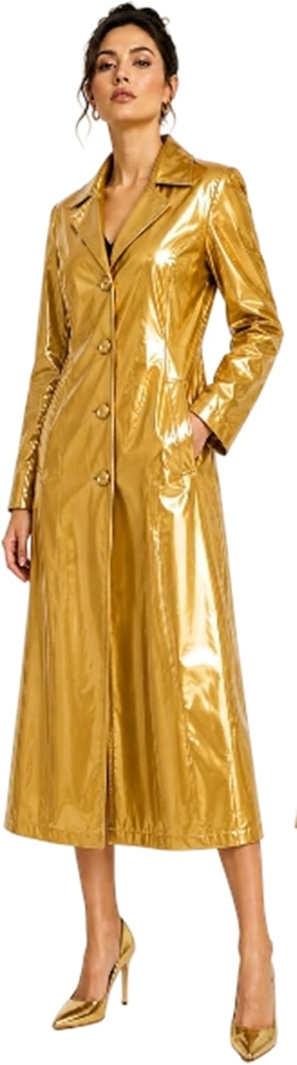 Women Gold PVC Trench Coat Single Breasted Vinyl Long Rain Coat