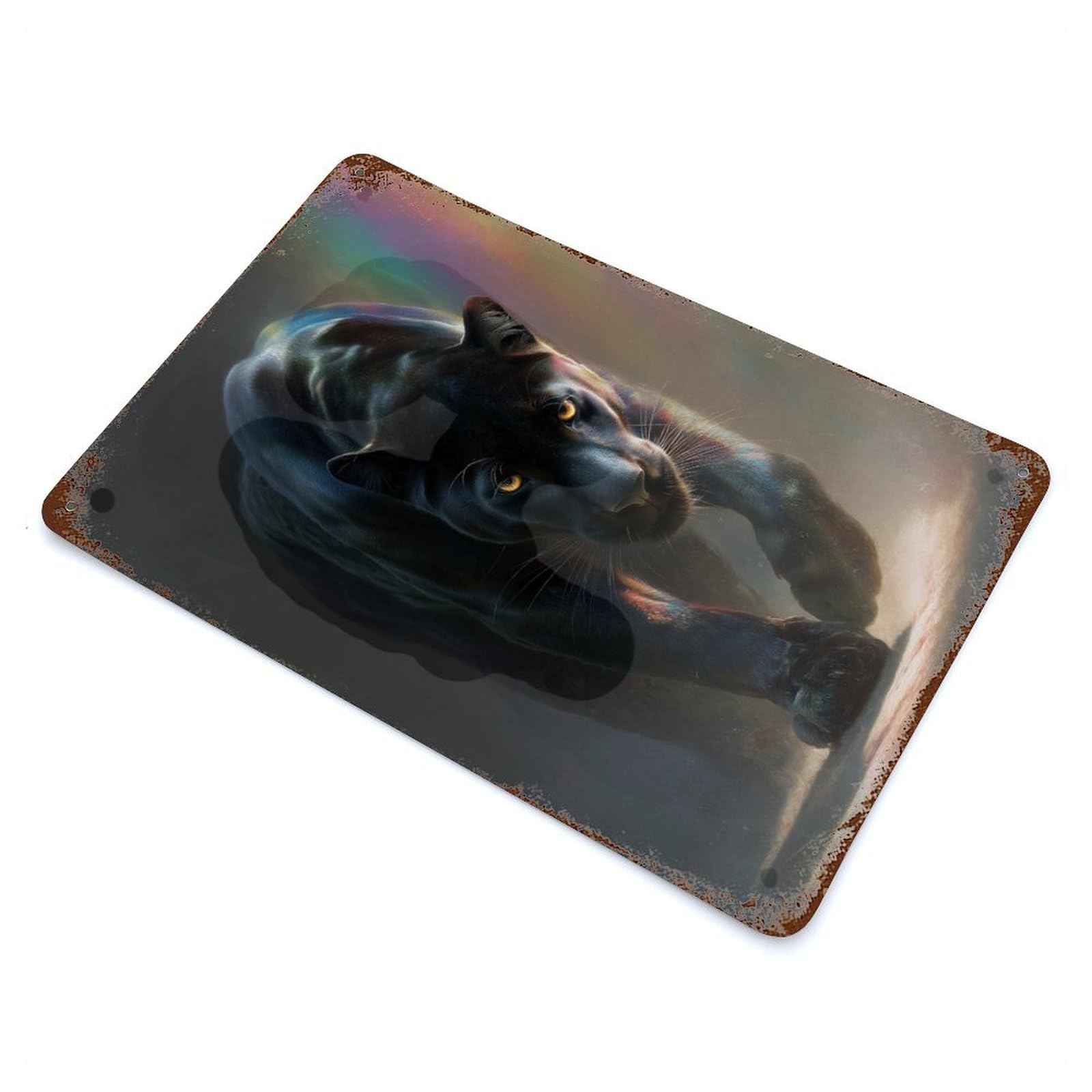 Vintage Rust Metal Sign Panther with Rainbow 11.8"x7.9", Shabby Chic Decor for Cafe, Home Bar And Lounge Decor