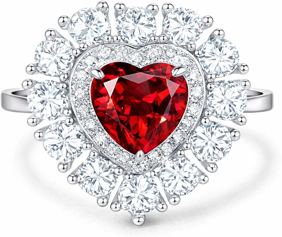 Heart-Shaped Ruby Ring for Women, Certified Lab-Grown Pigeon Blood Red Ruby with D-Color Moissanite Double Halo, 925 Sterling Silver Rhodium-Plated Cocktail & Statement Ring, Promise Anniversary Birthday Engagement Gift for Girlfriend, Wife, or Mom