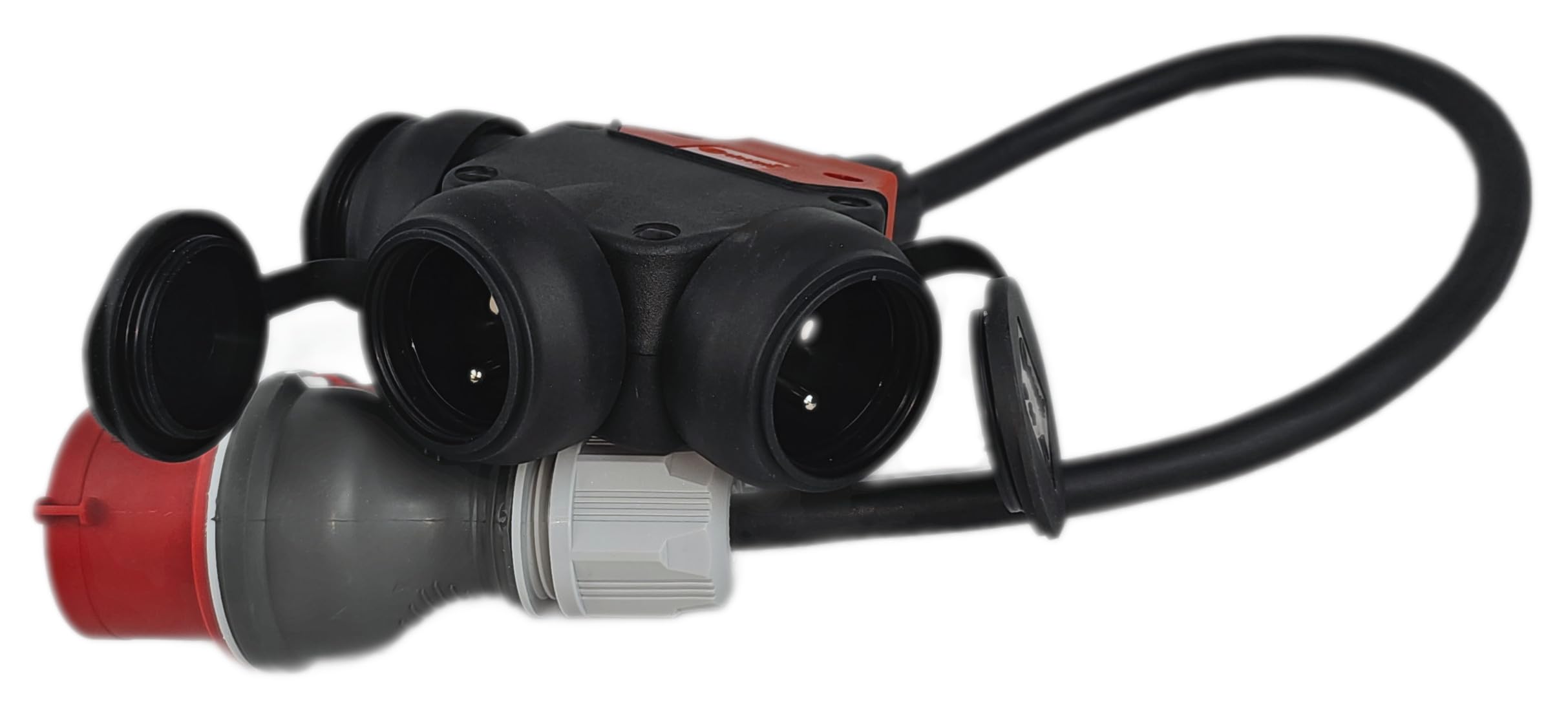 RoadEu Adapter przemysłowy przedłużający 0,5 m, adapter CEE 16A 380V do 220V z 3 gniazdami 230 V, przewód gumowy 5 x 2,5 mm², idealny do garażu, szopy lub fabryki
