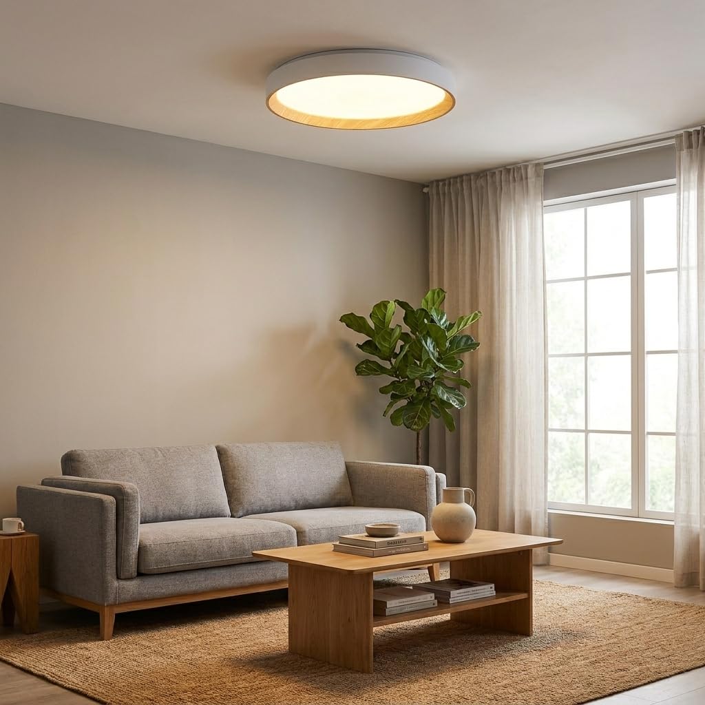 Alpinaluz plafon LED sufitowy Ø48 cm 40W z regulacją barwy światła CCT 3000K 4000K 6000K, biały akrylowy z efektem drewna, nowoczesny i elegancki design do salonu, sypialni i kuchni