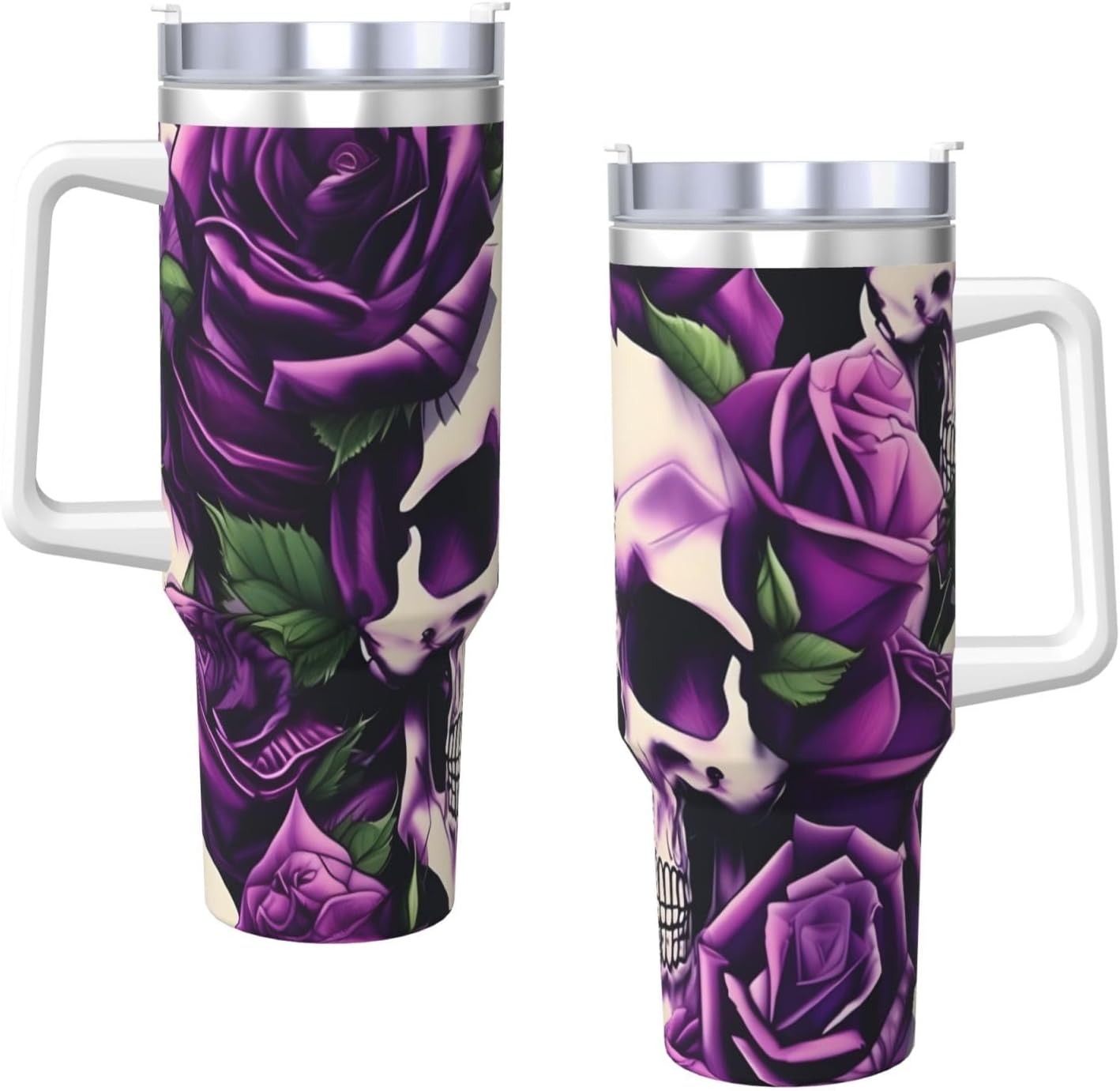 40 OZ many Purple Rose Skull Print Ice Bully Cup with Handle Straw Lid Straw,Stainless Steel Tumbler Coffee Cup