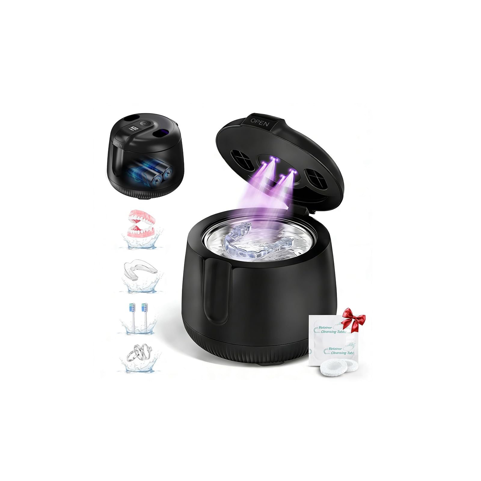 Ultrasonic Retainer Cleaner Machine, Cordless 48kHz Dental Cleaning Pod with U-V, Digital Timer & 4 Modes, 4000mAh Rechargeable, for Mouth Guards,