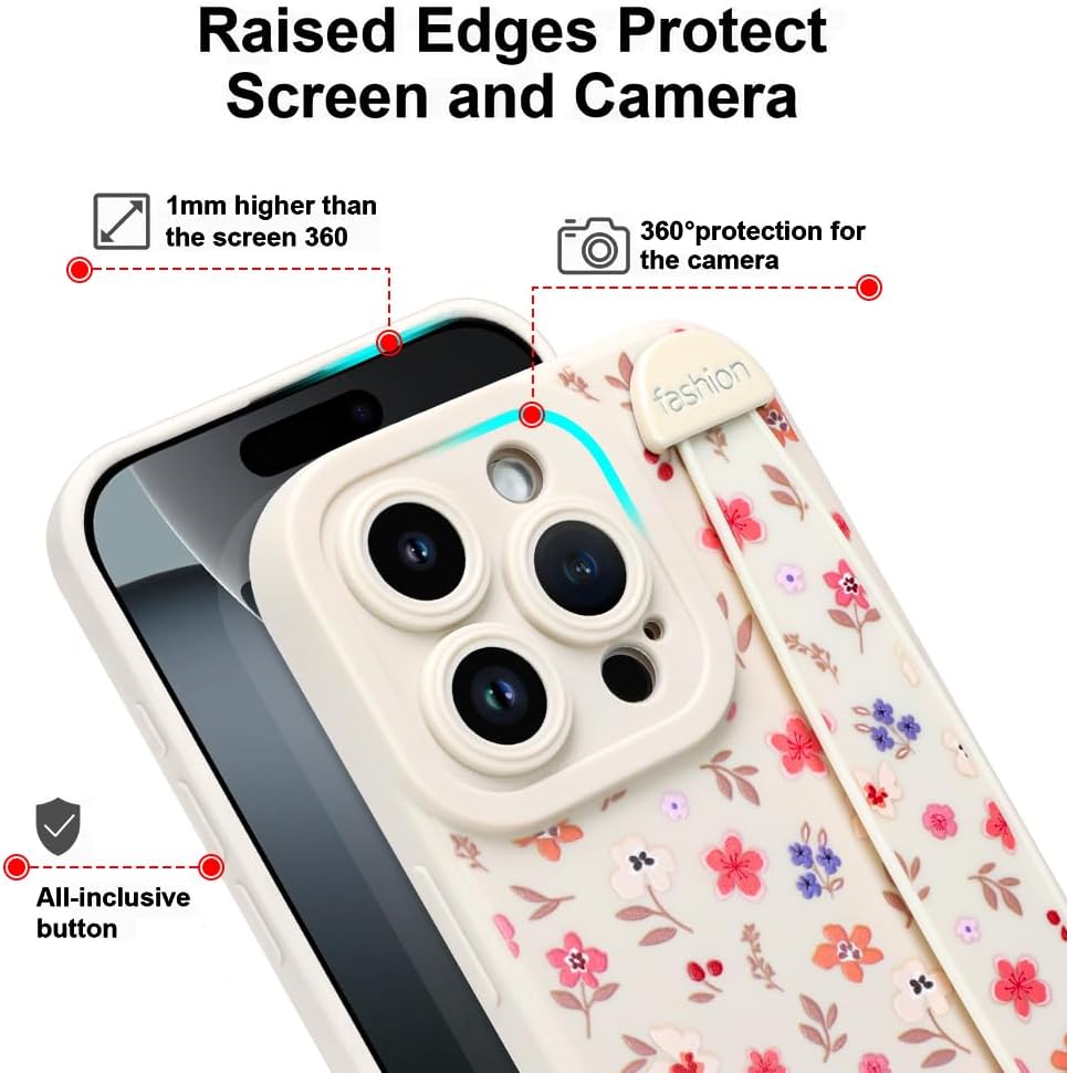 Case for iPhone 16 Pro 6.3 inch Silicone Phone Case with Strap for Women Girls Cute Floral Flowers Design, Adjustable Finger Strap Kickstand Protective Cover, Floral - Image 3