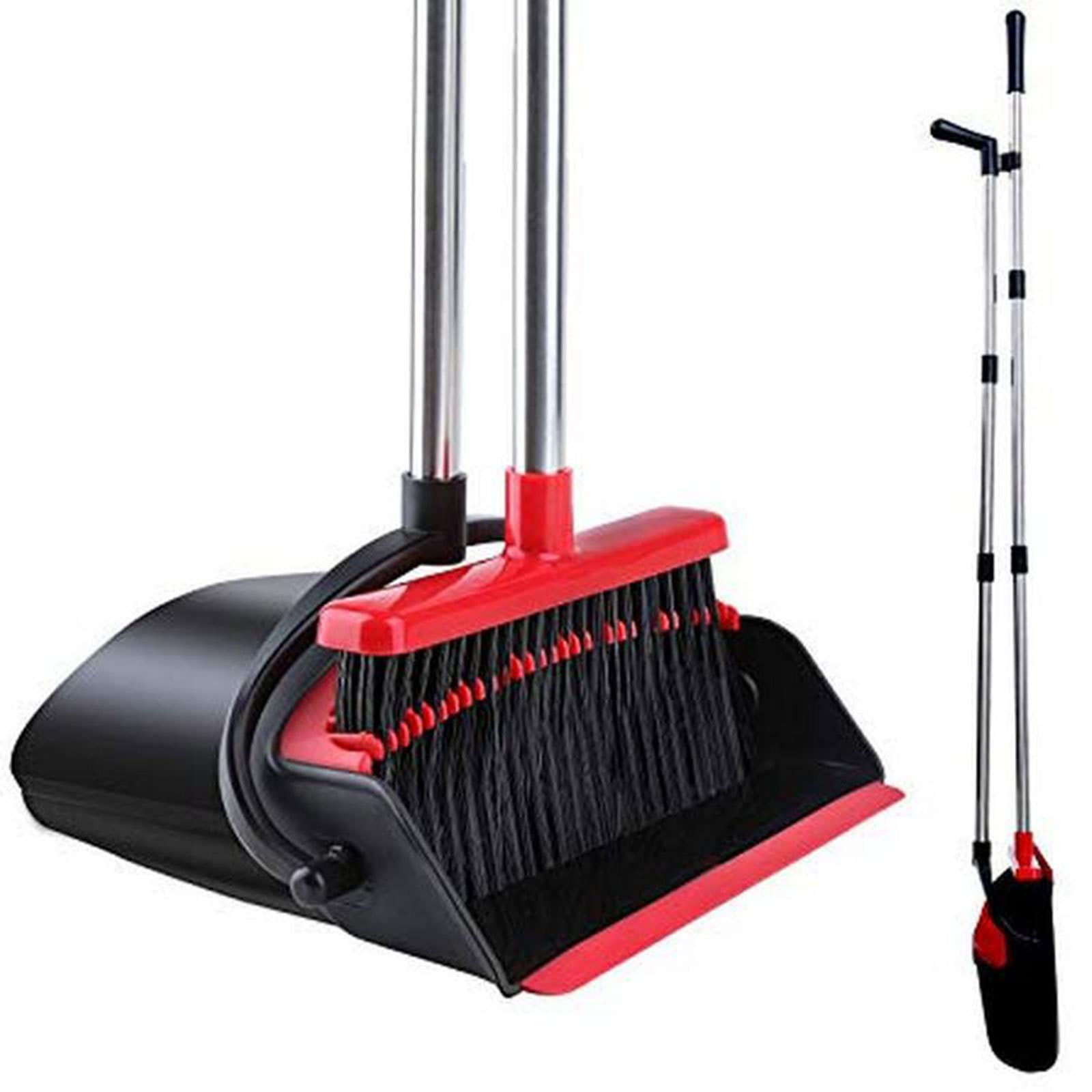 Sweeping Brush,Broom and Dustpan Set with Extendable Long Handle, Self-Cleaning with Dustpan Teeth, Upright Stand Up Broom and Dustpan Set (Red and Black)