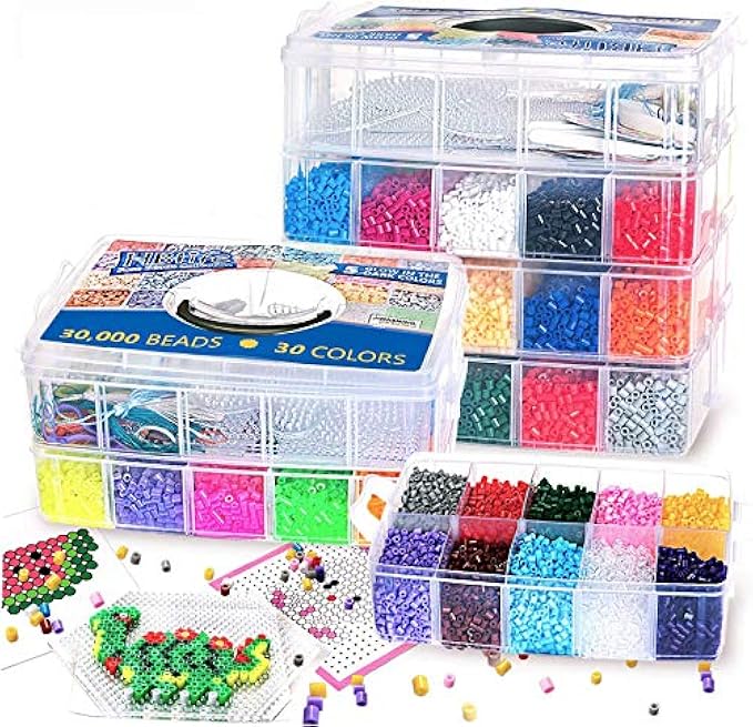 30,000 Pieces Fuse Bead Kit 30 Colors 5mm Kids, Includes 10 Iron-on Sheets, 48 ​​Patterns, 7 Clear Pegboards, Tweezers, Perler Bead Compatible Kit