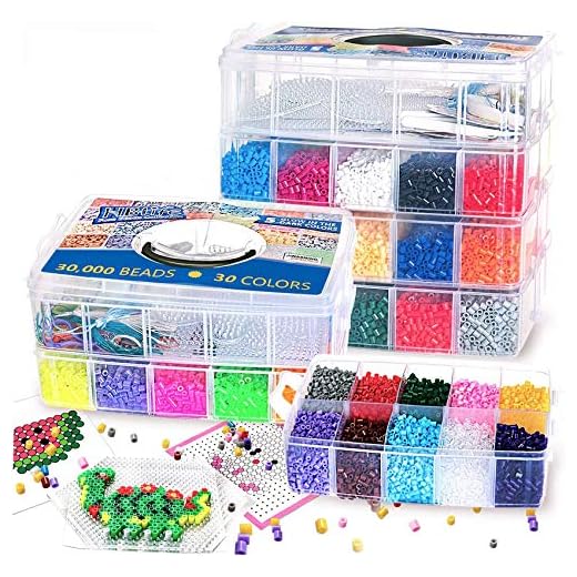 30,000 pcs Fuse Beads Kit 30 Colors 5MM for Kids, Including 10 Ironing Papers,48 Patterns, 7 Clear Pegboards, Tweezers, Perler Beads Compatible Kit