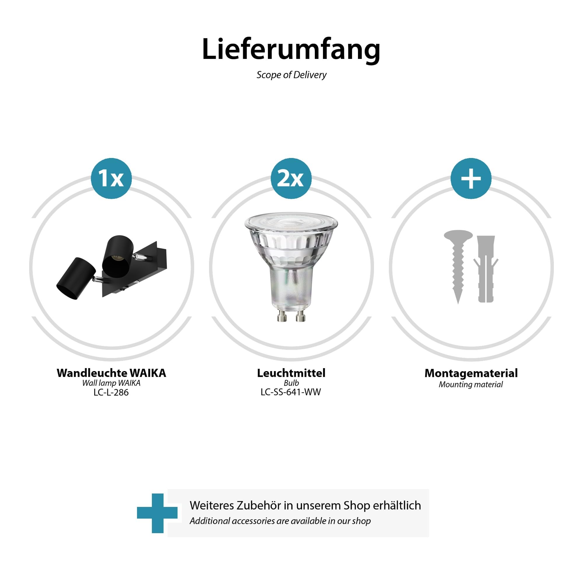 ledscom.de 2x Wandspot WAIKA, zweiflammig, mit Schalter, schwarz matt, inkl. GU10 LED Lampen je 510lm warmweiß