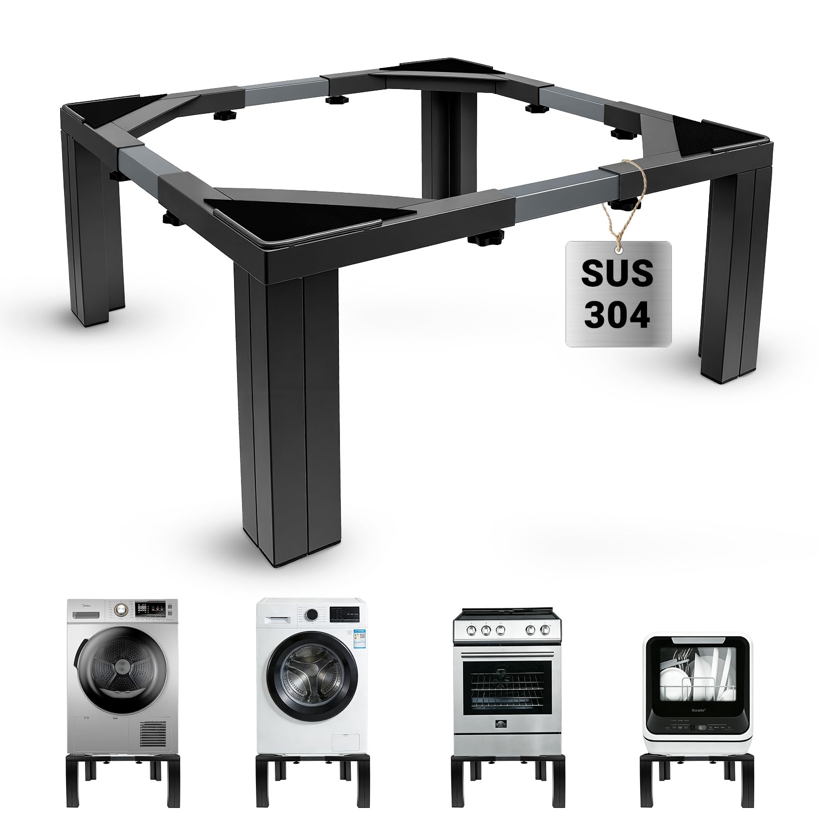 Base per Lavatrice in Acciaio Inossidabile Nero, Rialzo Lavatrice da Terra 30cm con Altezza Fissa, Supporto Universale Regolabile per Lavatrice da 54-73cm, Portata 500kg