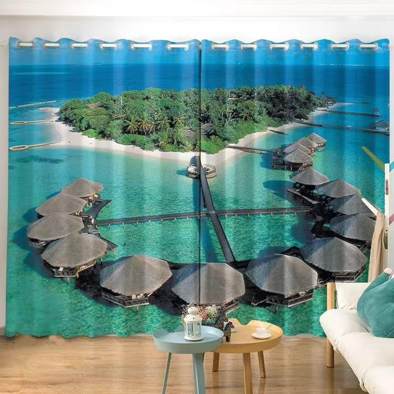 Rideaux occultants thermiques motif paysage insulaire pour chambre