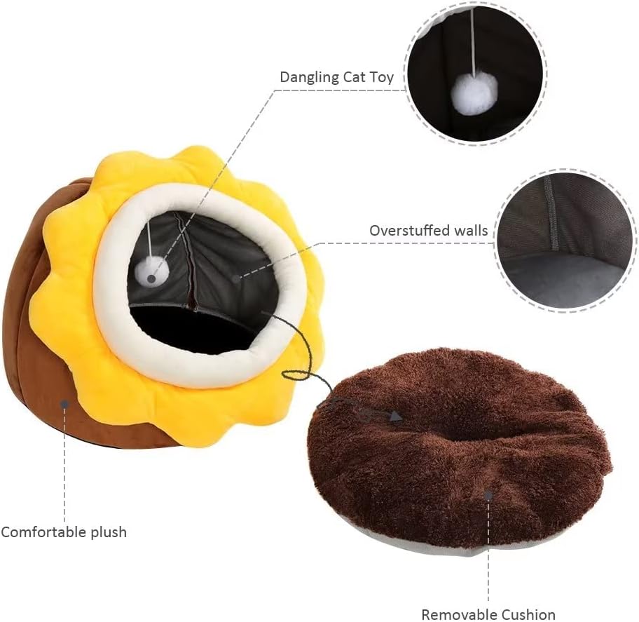 review Cat Beds for Indoor Cats - Small Cat Bed with Anti-Slip Bottom, Sunflower-Shaped Cat/Dog Cave with Hanging Toy, Puppy Bed with Removable Cotton Pad, Super Soft Calming, Multiple Sizes(brownM)