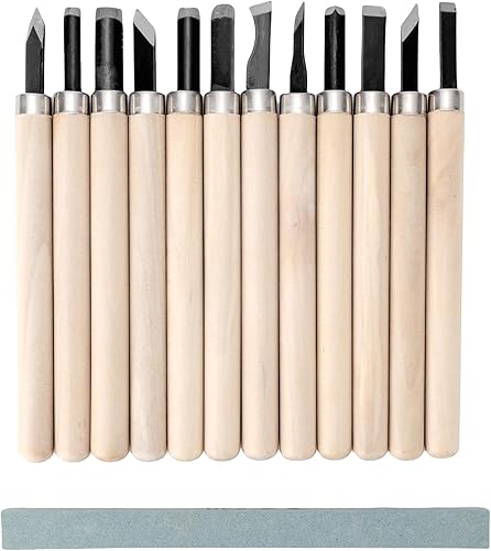 Juego de 12 cuchillos de tallado de madera, kit de herramientas de cinceles profesionales con cubiertas protectoras y piedra de afilar para madera,