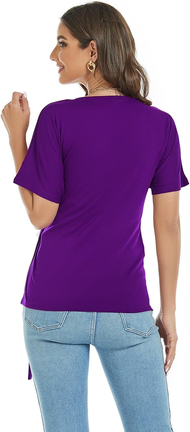 LEIYEE Womens Summer V Neck Short Sleeve Wrap Tops Casual Cute Front Twist Tie Knot Shirts Blouse - Image 4