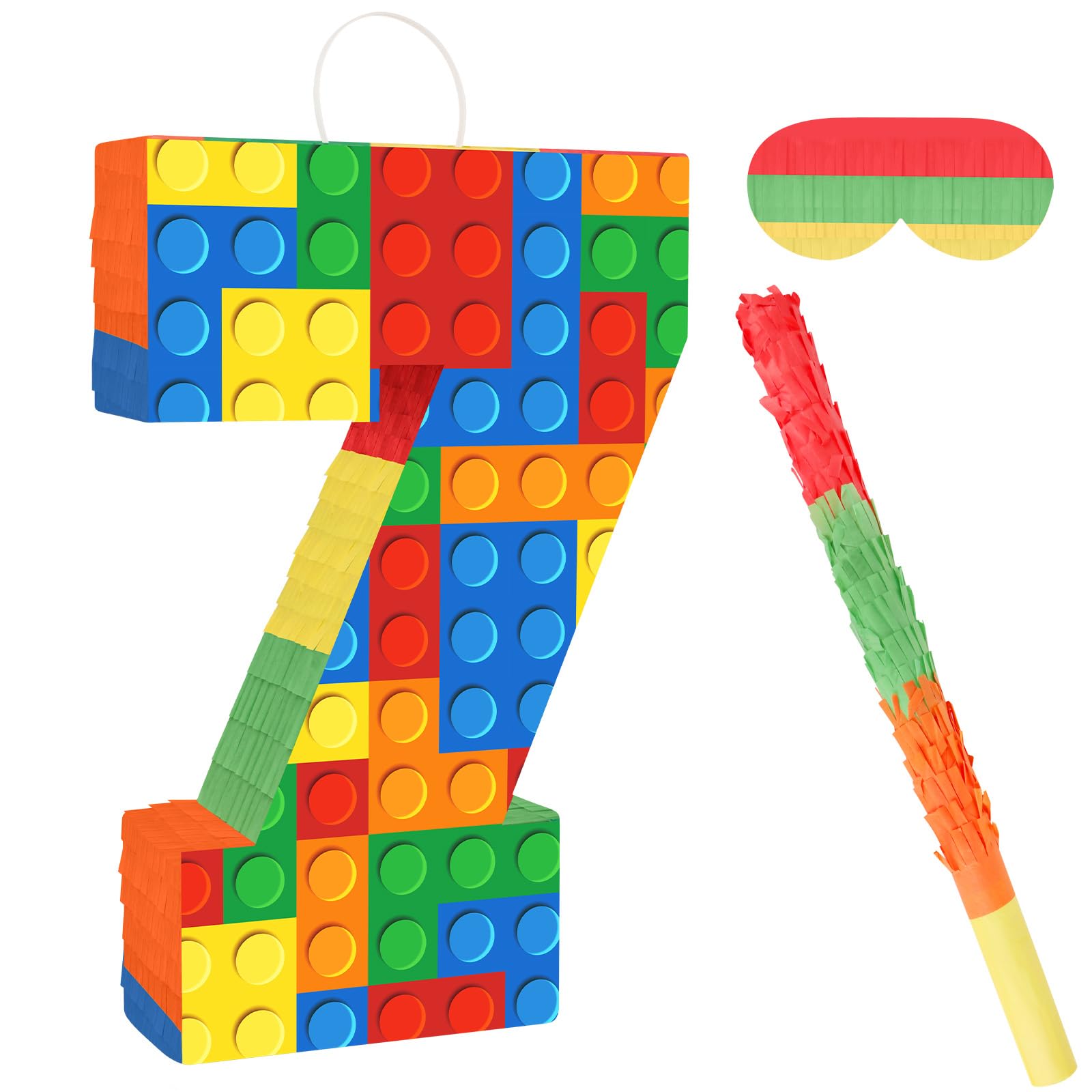 Number 7 Pinata Building Blocks with Pinata Stick Blindfold 7th Birthday Party Decorations Happy Birthday Building Block Theme Anniversary Party Supplies for Kids (Small, 16 x 10.6 x 3 in)