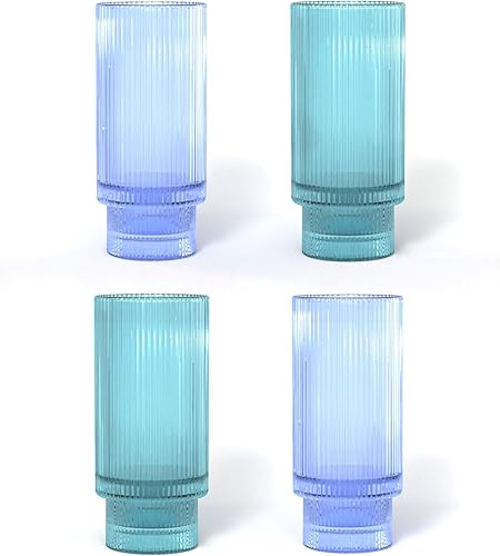 Ruston Goods LLC Cristalería acanalada (5.5 x 2.8 pulgadas, capacidad de 8 onzas) Vasos azules acanalados Cristalería Art Deco aptos para