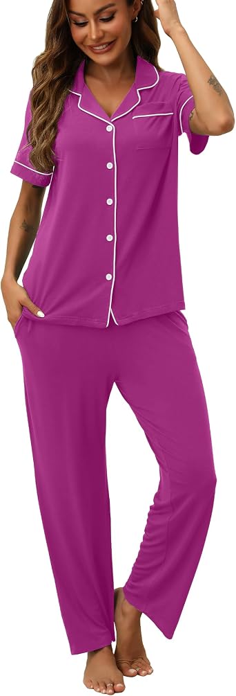 Womens Pajamas Sets 2 Piece Button Up Pj Sets Short Sleeve with Long Pant L