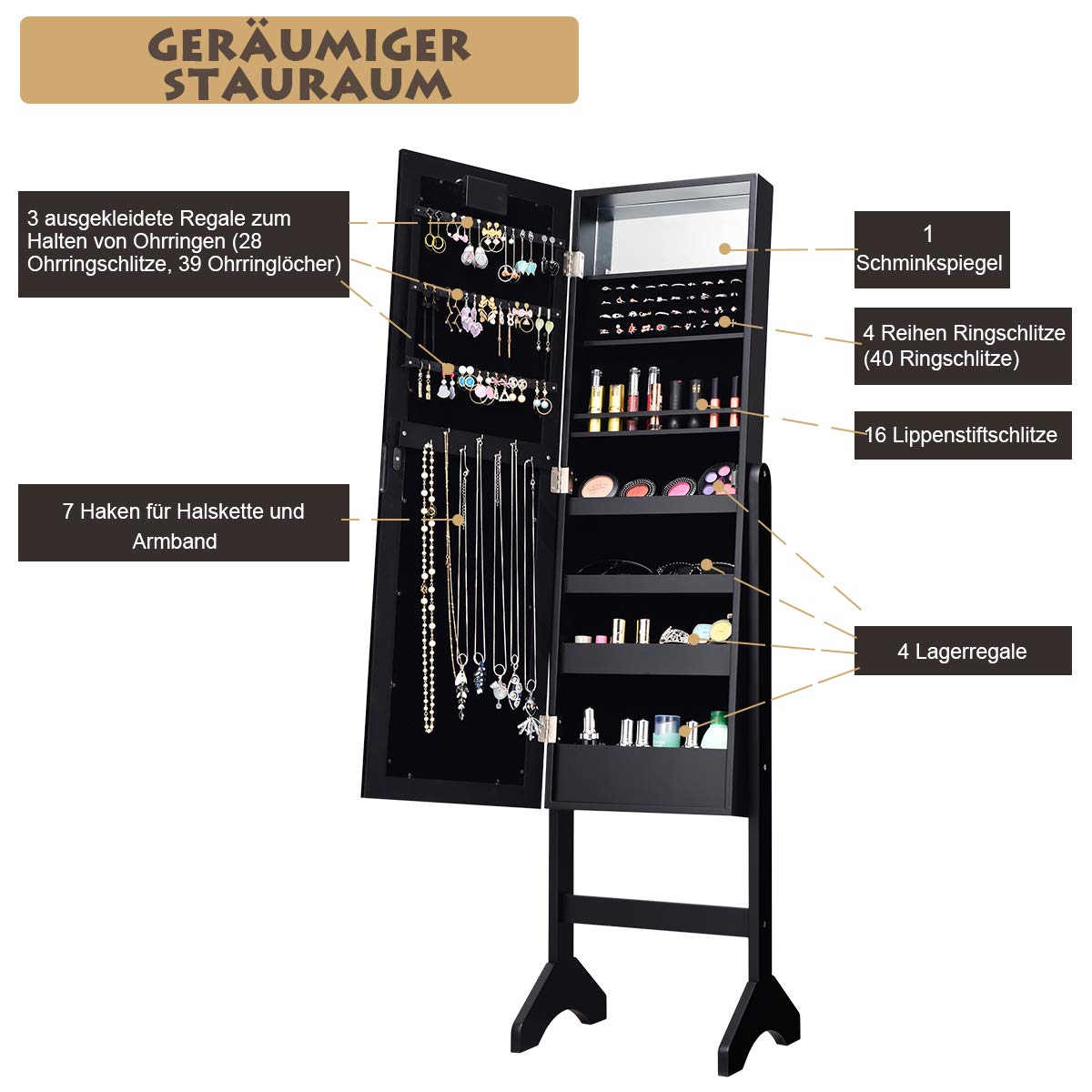 COSTWAY Schmuckschrank, LED Schmuckregal mit Ganzkörperspiegel und kleinem Schminkspiegel, Schmuck Spiegelschrank neigungsverstellbar für Makeup (Schwarz)