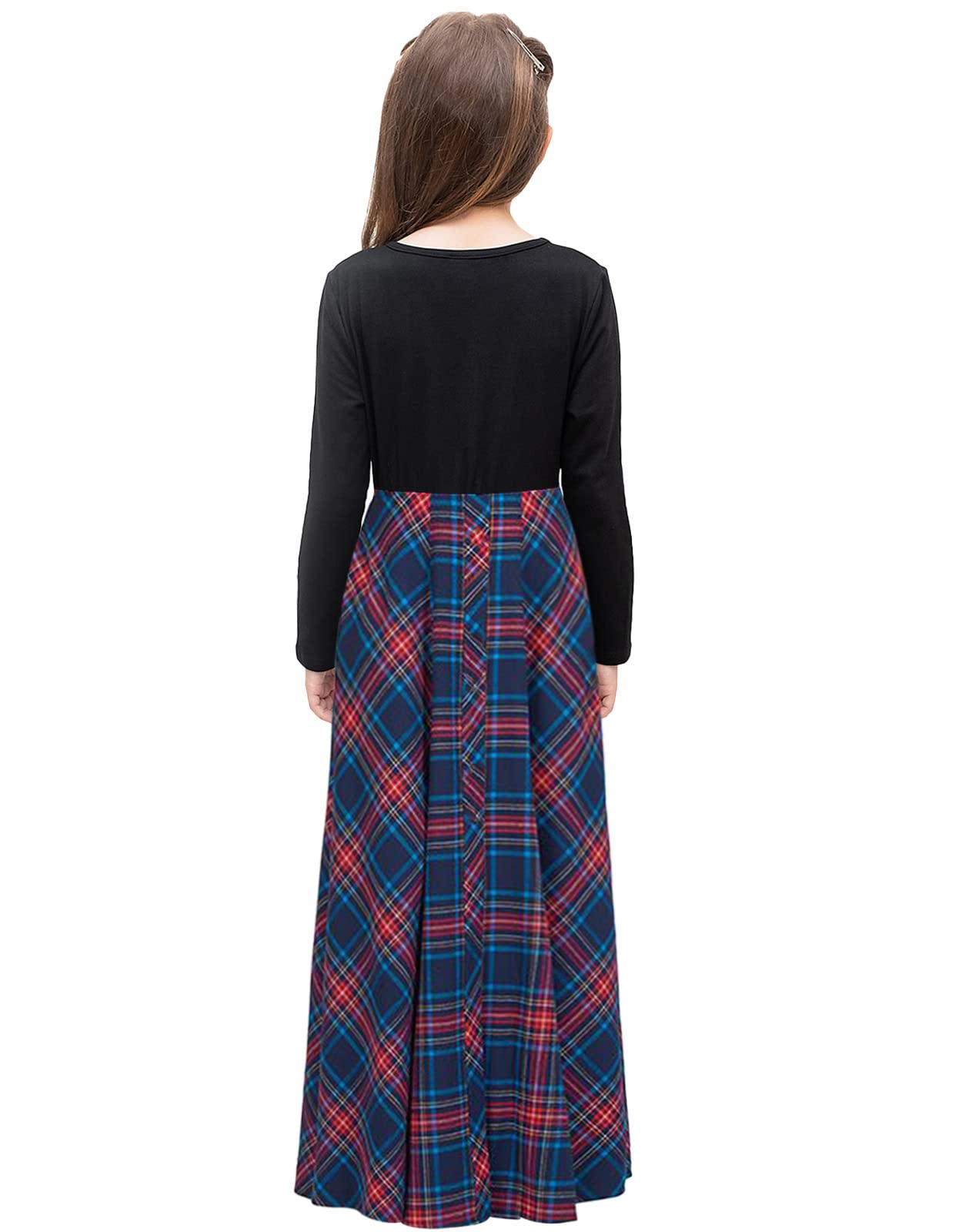 KYMIDY Maxikleid für Mädchen, Büffelkaro, kariert, langärmelig, Freizeitkleider mit Taschen, für Mädchen von 6–14 Jahren