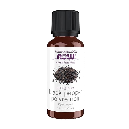 NOW Essential Oils, Black Pepper Oil, Spicy Aromatherapy Scent, Steam Distilled, 100% Pure, Vegan, Child Resistant Cap, 1-Ounce