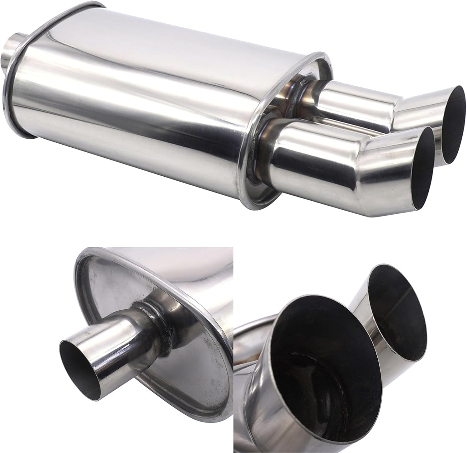 Vechkom 2.25"/57MM Inlet Exhaust Muffler Dual Outlet- Stainless Steel Diesel Exhaust Resonator Muffler Tip 21.06" Length 3" Outlet Universal Straight for Car Sedan SUV Truck Vehicles(Bend Tail Silver)