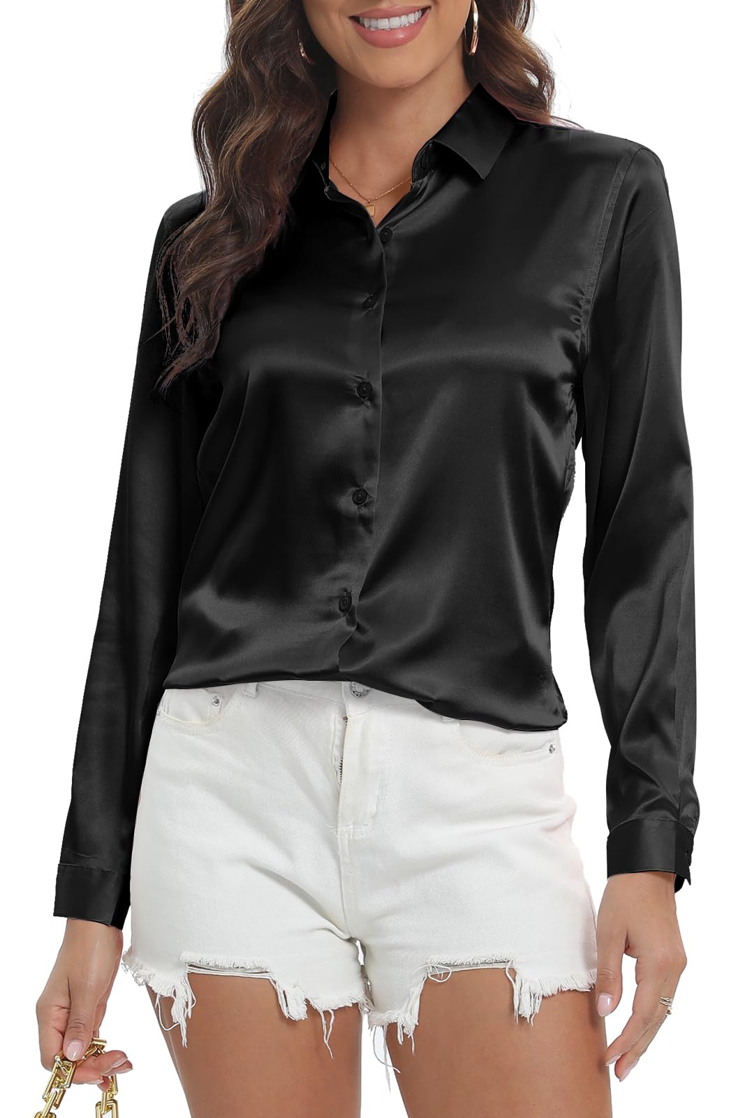 COUXILY Womens Satin Button Down Shirt Business Casual Long Sleeve Silk Blouse Collared Curved Hem Slim Fit Office Work Tops