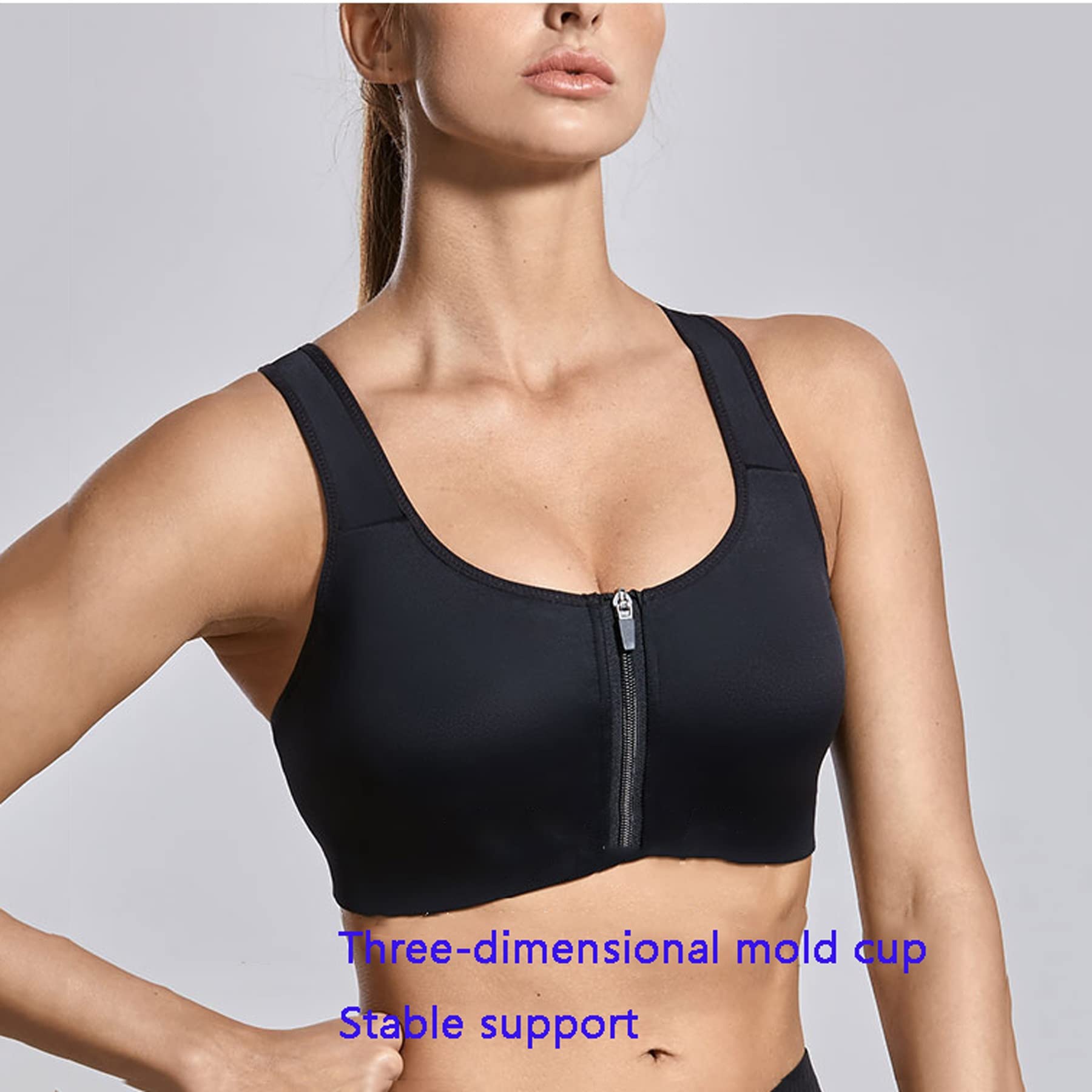 Soutien-gorge de sport rembourré avec fermeture éclair sur le devant pour femme - Soutien élevé aux impacts - Pour le yoga, les loisirs - Couleur : noir - Taille : 85 F