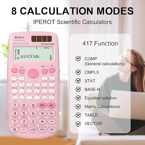 Miniatura 6 de Calculadoras científicas, función IPEROT Pink Scientific Calculator 417, calculadoras solares de matemáticas de escritorio, suministros escolares