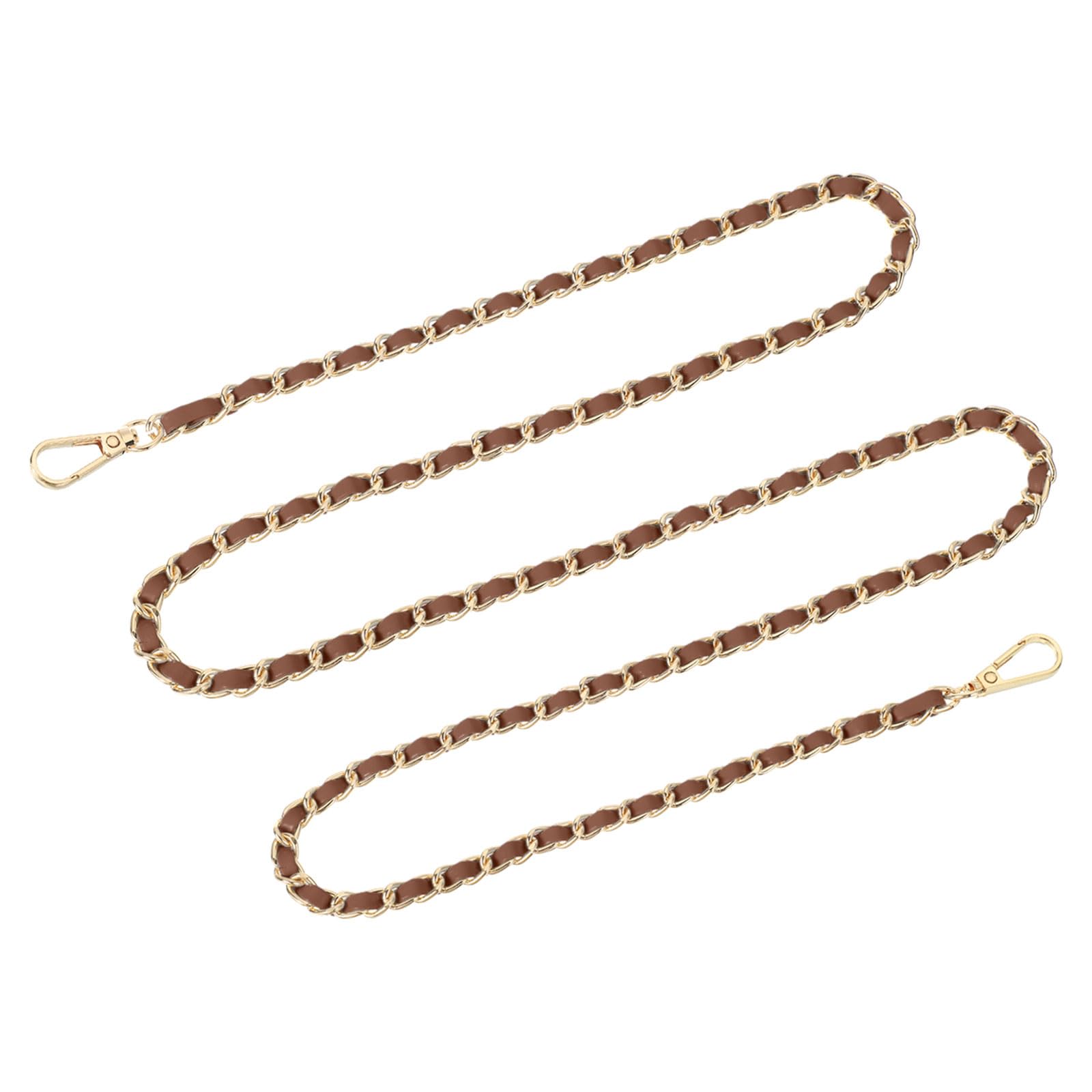 sourcing map Purse Chain Strap, 55" Leather Iron Flat Chain Strap Handbag Chains Purse Straps for Shoulder Bags and Cross Body Bags Replacement Strap (Dark Brown Strap + Gold Chain)