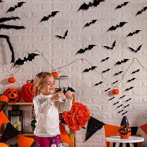 Bats Halloween Decorations, 100Pcs 3D Bats Wall Decor, 6 Sizes PVC Bat Stickers Halloween Party Supplies for DIY Home Window Wall Decals Indoor Room Bathroom Door Decor with Double-Sided Foam Tape - Thumbnail 5
