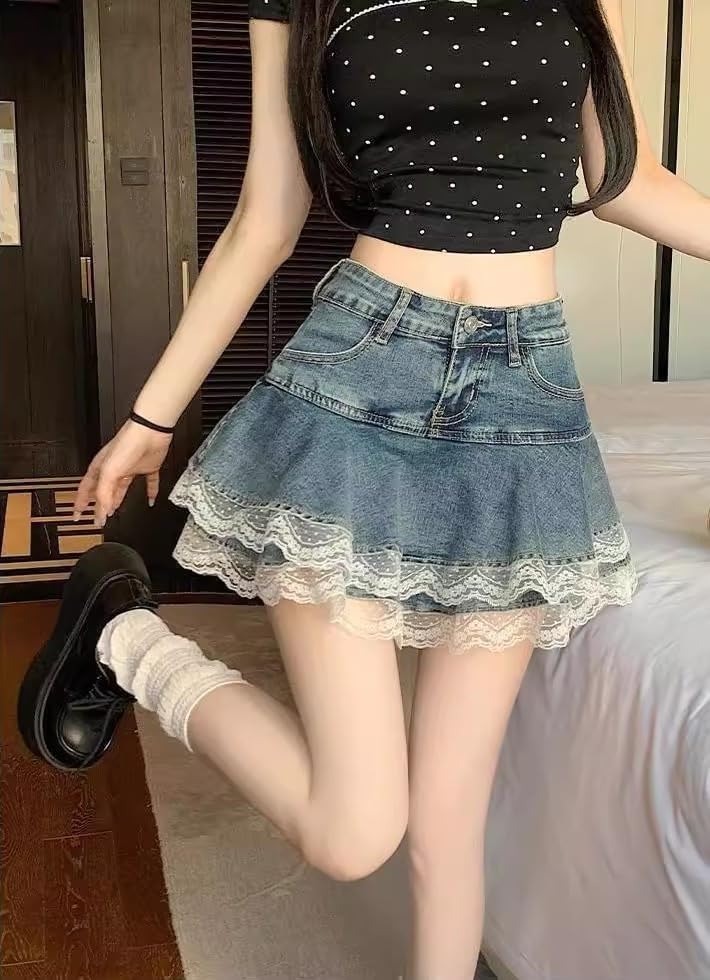 Y2K High Waist Denim Lace Mini Skirt for Women – Harajuku A-Line Ruffle Skater Skirt Kawaii Fairycore Style - Image 2