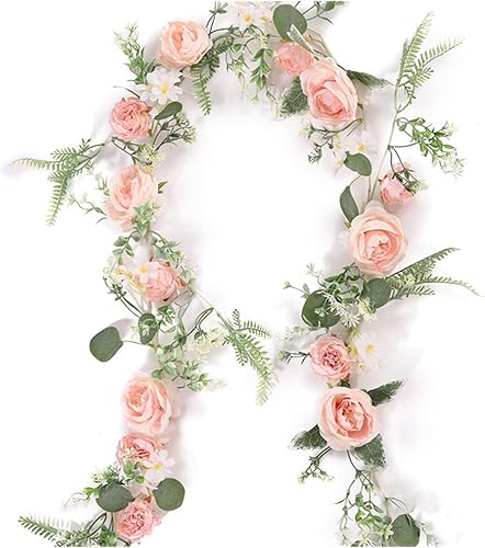 KEZONO Flores artificiales de 5.7ft, guirnalda de flores artificiales de seda, rosas de peonía, plantas de hiedra de eucalipto falsas para boda,