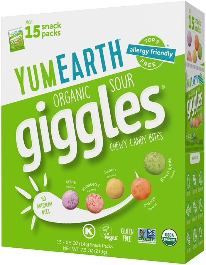 YumEarth Organic Sour Giggles Chewy Candy – Allergy Friendly, No Artificial Dyes, Non GMO, Gluten Free, Sour Fruit Flavored, Vegan Candy Snacks 0.5 ounce (Box of 15)