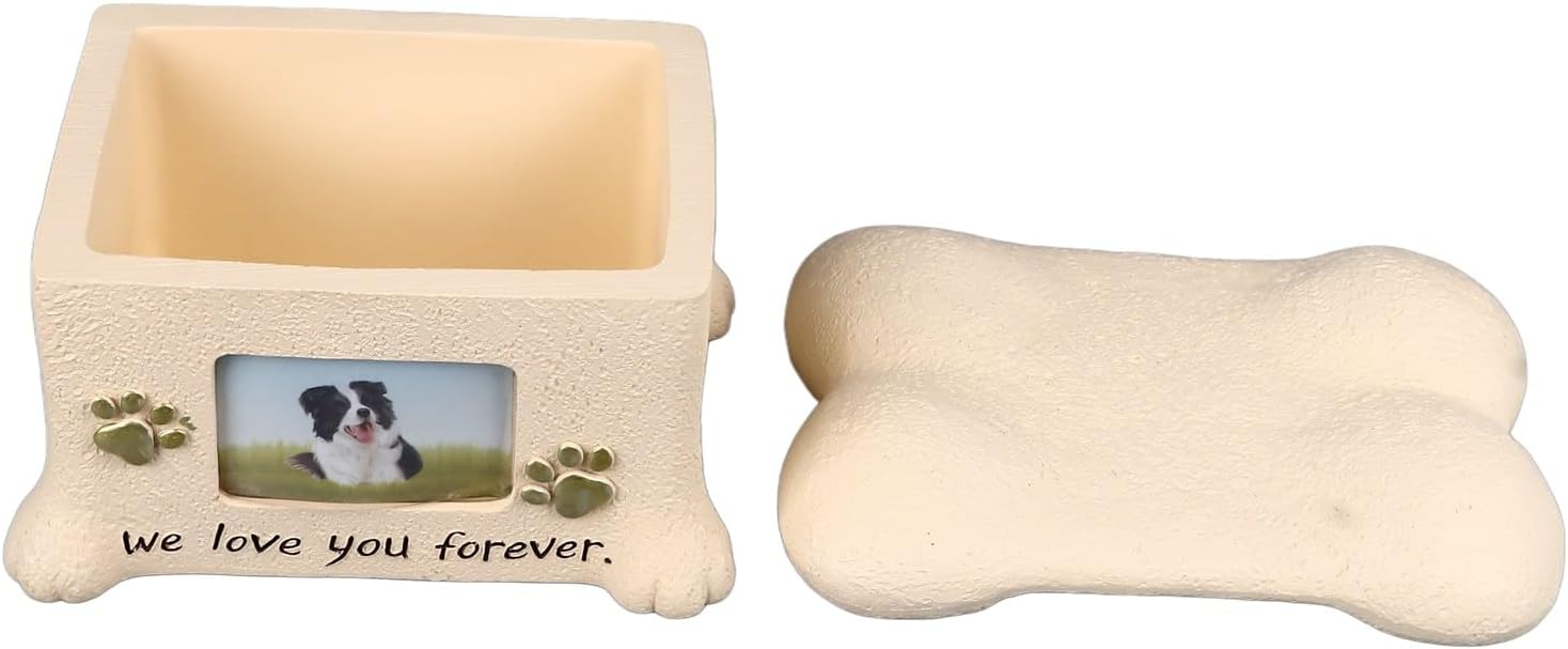 Qiilu Cremation Keepsake Box for Pet Ashes Memorial Urns for Dog Ashes Keepsake Box with 2 Paws Photo Display Bone Shaped Lid