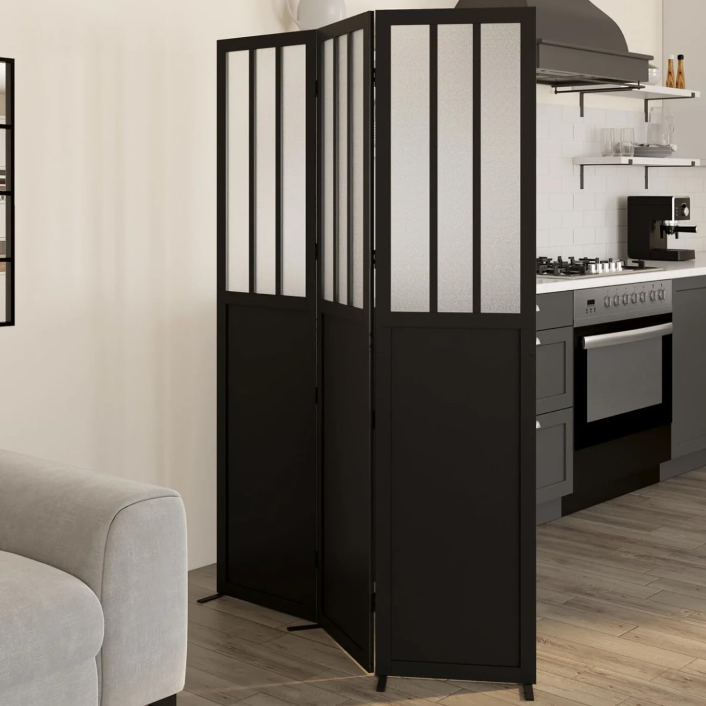 IDMarket - Paravent intérieur verrière Atelier Noir et vitres Opaques