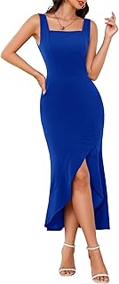 Women’s Square Neck Midi Bodycon Cocktail Dress 2025 Fall Sleeveless Slit Ruffle Formal Wedding Guest Dresses