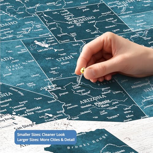 Image of IPIC - Large Custom USA Map Wall Art, Push Pin Map with Custom Names to Track Your Travels, Vintage Teal Farmhouse Style Framed Canvas Wall Decor for Home, Office or RV, Ready to Hang
