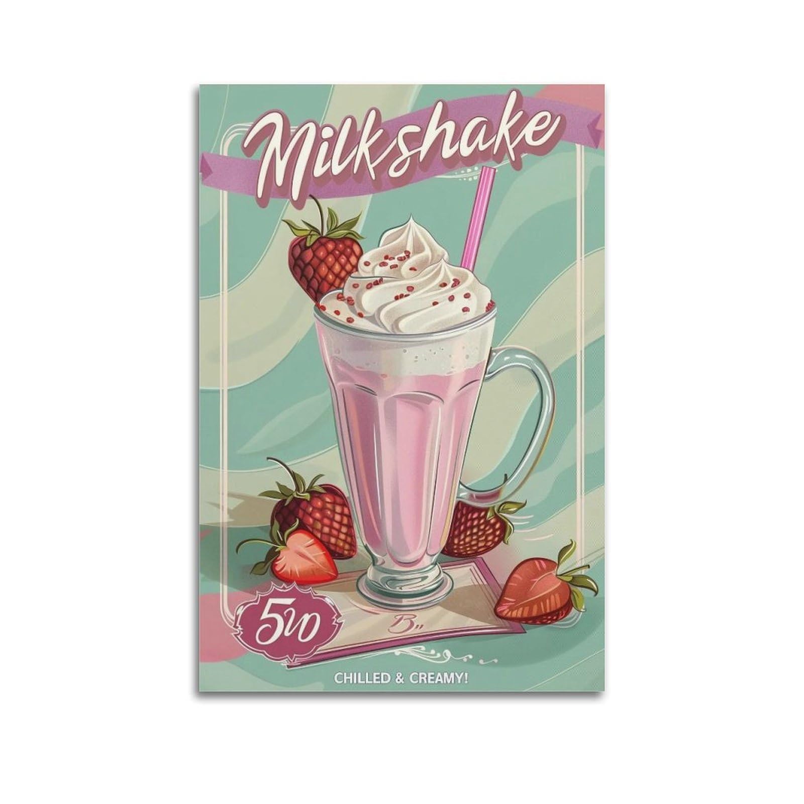 HUERYRYHY Chilled Creamy Strawberry Milkshake Poster Aesthetic Wall Art Painting Decor Vintage Canvas for Living Room Bed Room 20x30inch(50x75cm) Unframe-style