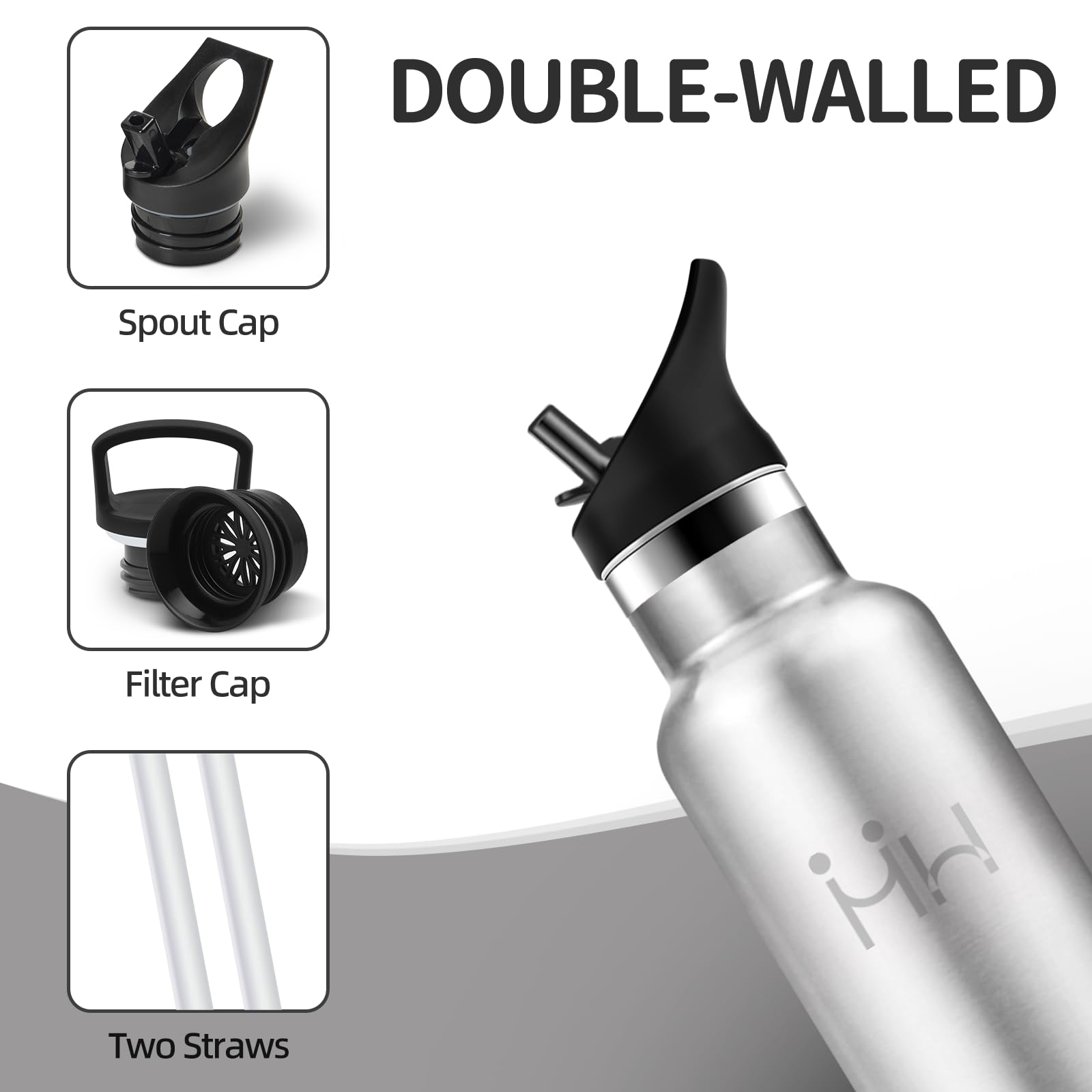 Borraccia Termica, 750 ml Senza BPA, Borracce Termiche, 18/8 Acciaio Inossidabile, Borraccia Acciaio Inox, Bottiglia Acqua Con Cannuccia e 2 Coperchi, Borracce per Ufficio - Acciaio inossidabile