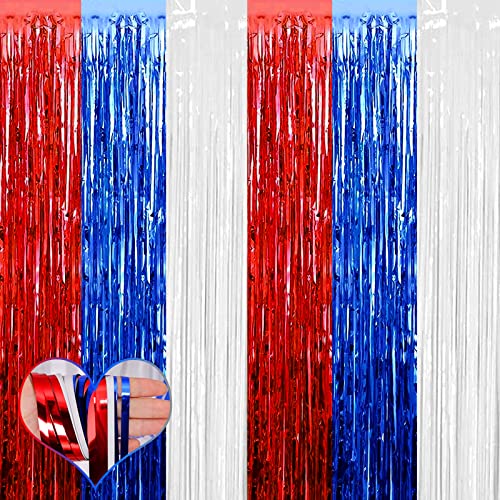 Image of 4 Pack 3.2Ft x 6.6Ft Independence Day Fringe Curtain Backdrop, Red Blue White Metallic Tinsel Foil Fringe Streamers Curtains Background for Photo Booth Birthday Wedding Carnival Party Decorations