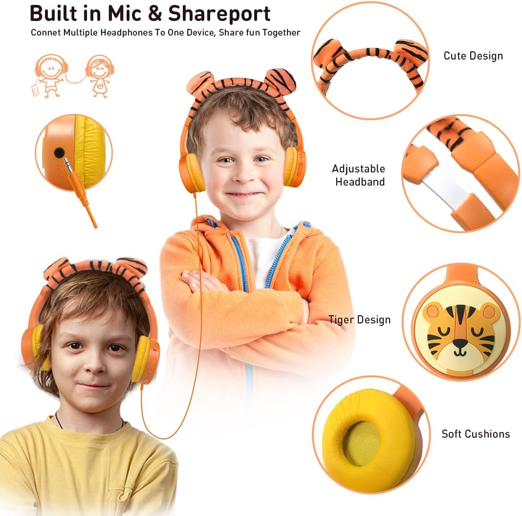 Kids Bluetooth Headphones, Wireless Headphone for Kids, 85dB Volume Limited, Built-in Mic, 3.5mm Aux Cord, Boys Girls Tiger Headset for School/Travel/Airplane - Image 3