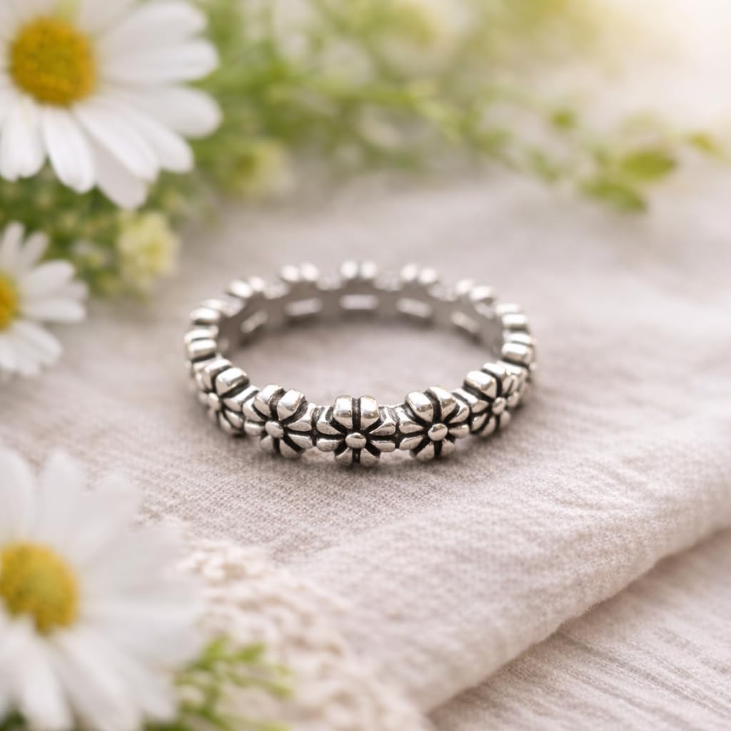 Vintage Small Daisy Silver Ring, Sunflower Ring Tiny Dainty Flower Ring 925 Silver Ring for Women Delicate Everyday Ring Best Ideal Gift