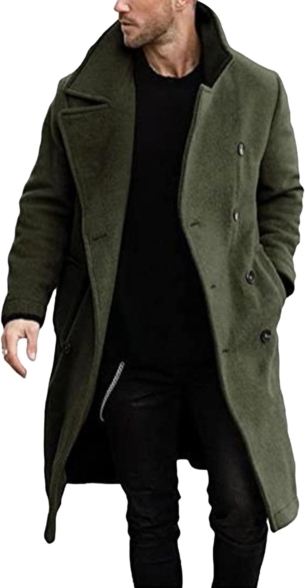 GenericMen Winter Coat Wool Blend Trench Overcoat Notched Collar Double Breasted Long Pea Coat Elegant Windbreaker Jacket