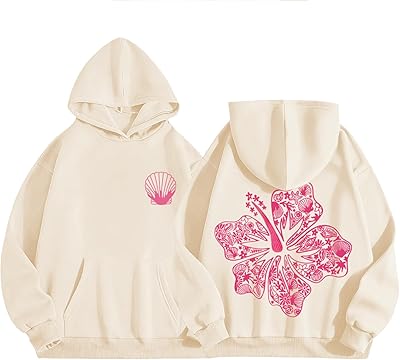 Cute Pink Hoodie Kids Girls Aesthetic Preppy Hibiscus Flower Puff Hoodies Kawaii Hawaii Palm Beach Graphic Pullover