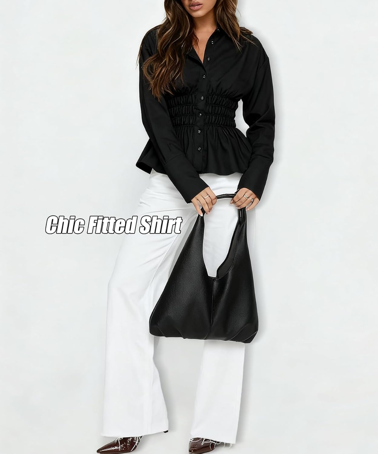 Women Long Sleeve Button Down Fitted Shirts Collared Cinched Waist Tops Office Work Blouse - Image 6