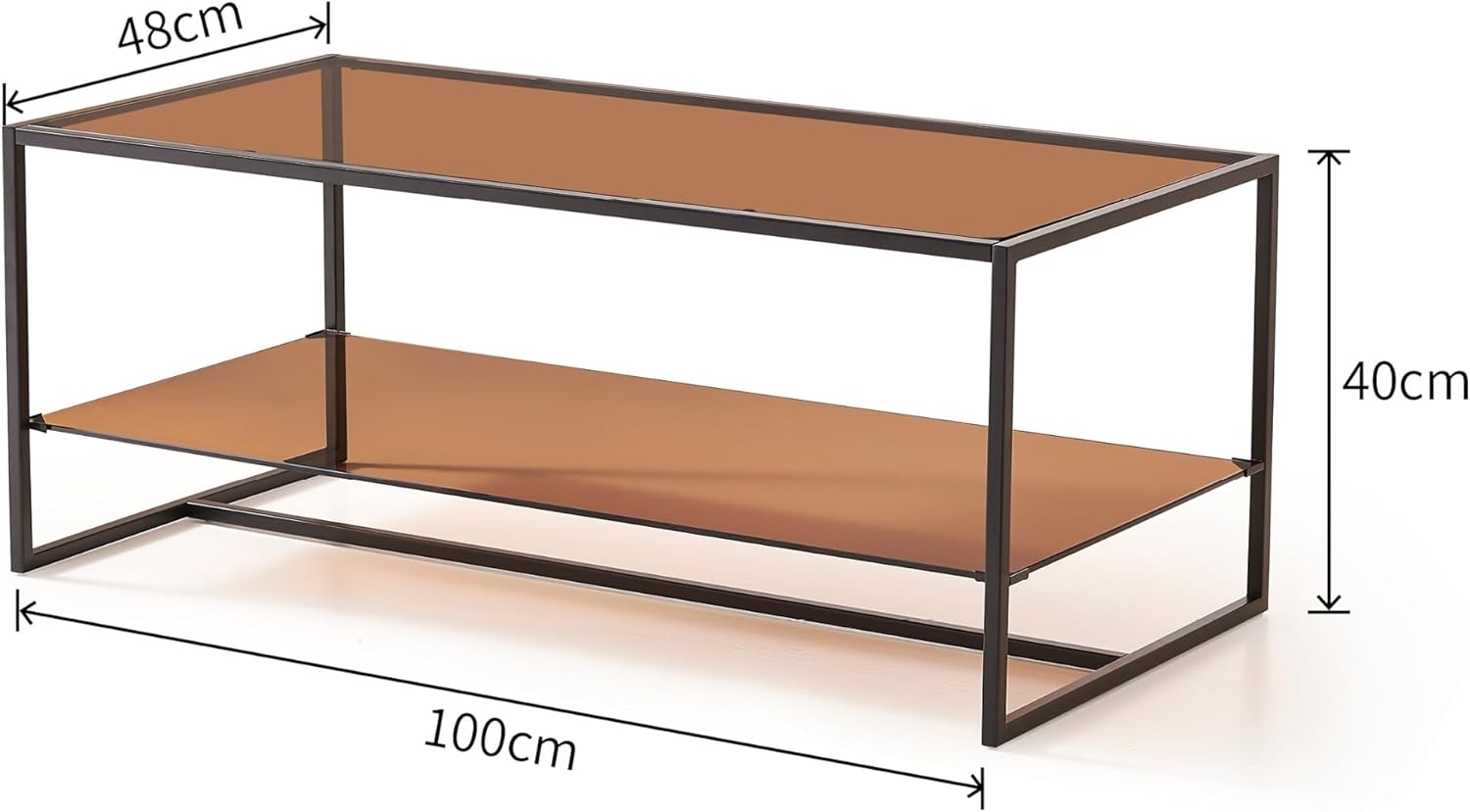 Shrine Brown Glass Coffee Table, Modern Design, Dual-Layer Coffee Table for Living Room, Black-Plated Metal Frame, Brown Glass Top